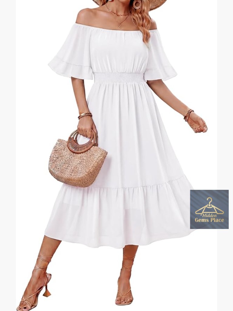 Off Shoulder Midi Dress Ruffle Sleeve Smocked Elastic Waist Flowy Bohemian